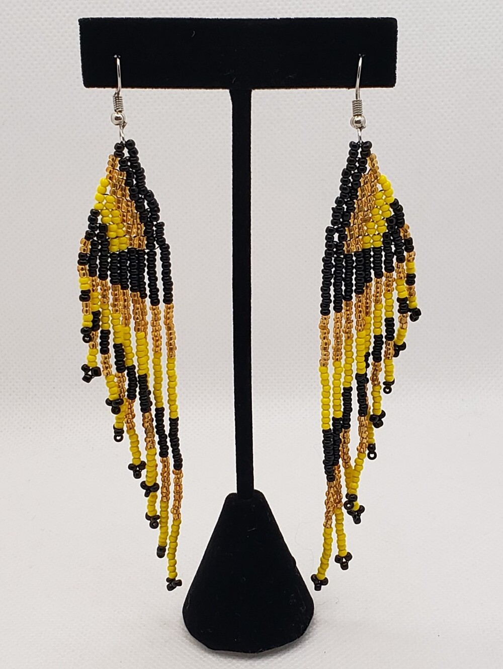 Yellow Black Gold Beaded Fringe Earrings